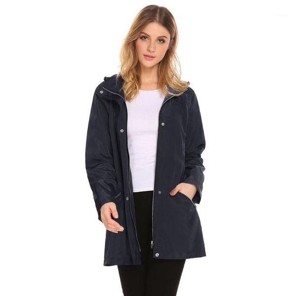 

women outdoor hooded waterproof full zip trench rain jackets with belt casual sport zipper pocket front and snap solid1, Tan;black