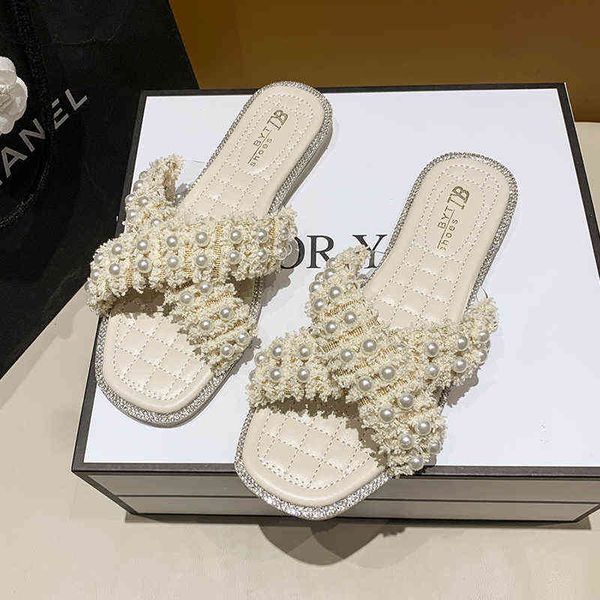 

slippers parel cross strap ontwerp vrouwen slippers platte bodem antislip outdoor strand vrouw sandalen zachte gezellige mode slider zomer s, Black