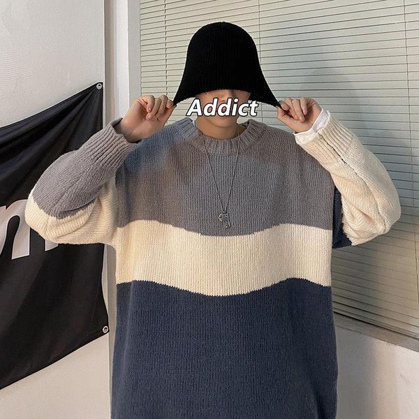 

2020 men's fashion loose pullover long sleeve stripe woollen sweaters round neck coats keep warm cashmere knitting size -2xl1, White;black