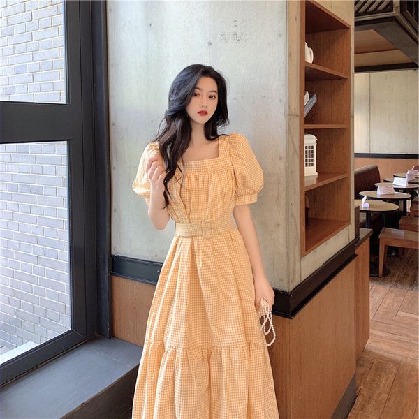 

2021 new square collar plus size dress bubble lady of office a short sleeve line belt worn courtship femininity temperament ejcw, Black;gray