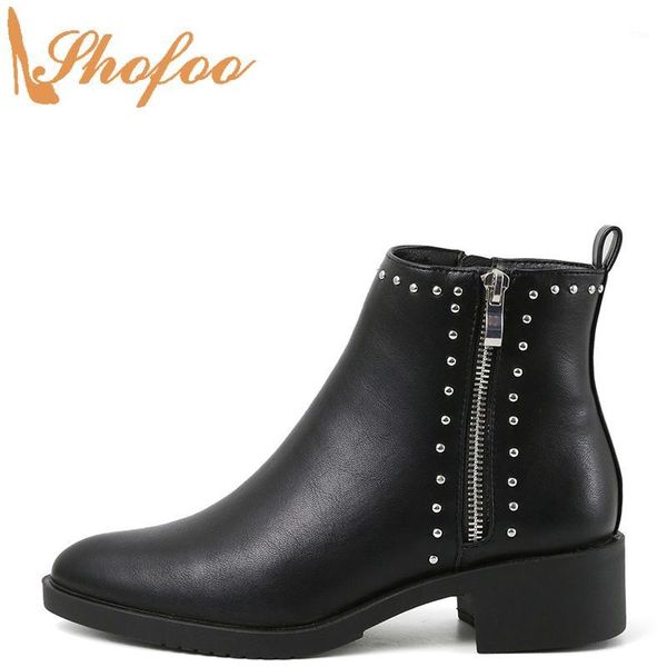 

boots black ankle med chunky heels pointed toe woman booties zipper large size 14 15 ladies fashion rivets mature shoes shofoo1