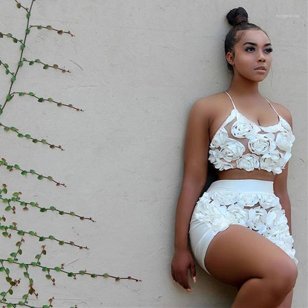 

2 piece set women white floral mesh lace pant suit halter crop and shorts set summer outfits clothing1, White;black