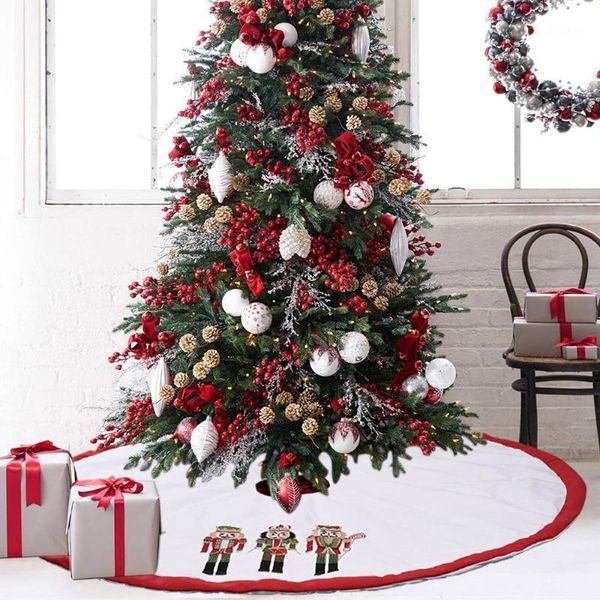 

cilected 120cm new christmas tree skirt soldier embroidery white linen apron carpet christmas new year mats scene decoration1