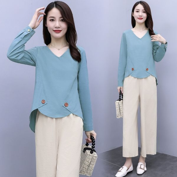 

хлопок конопля широкого костюм широких ног брюки костюм leg pants набор женщины 2020 осенью нового случайный темперамент большого размера кр, Gray