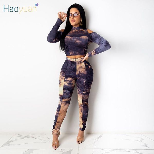 

haoyuan tie dye knitted two piece set off shoulder crop fitness pants fall winter clothing for women fashion outfits1, Gray