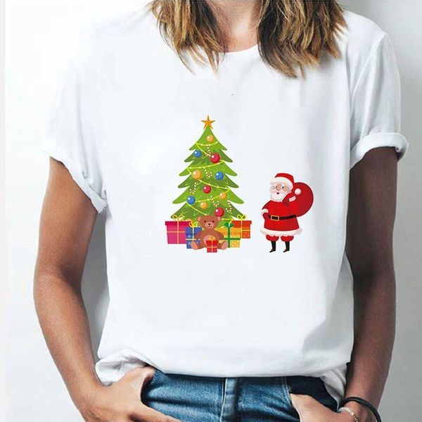 

fashion new christmas tree print santa merry christmas t shirt women tshirts graphic girls ladies tee camiseta mujer, White