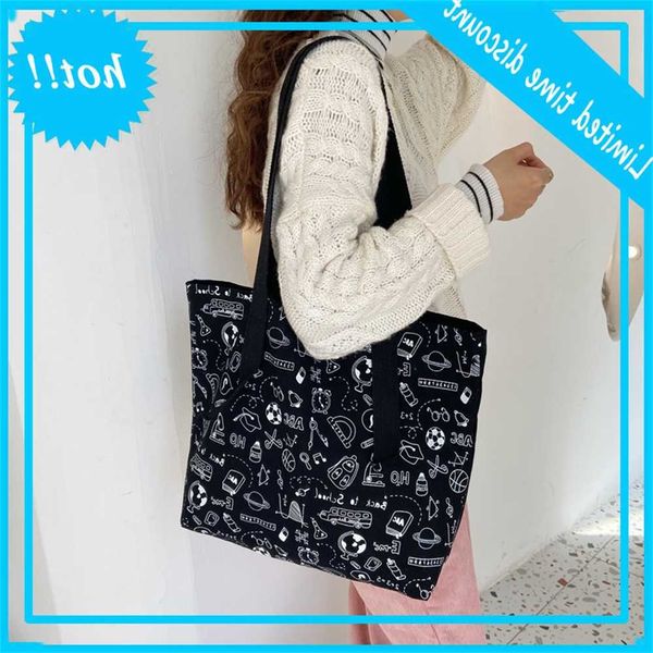 

011183 korean ins women's canvas cartoon printed shoulder student large capacity hand tote bag