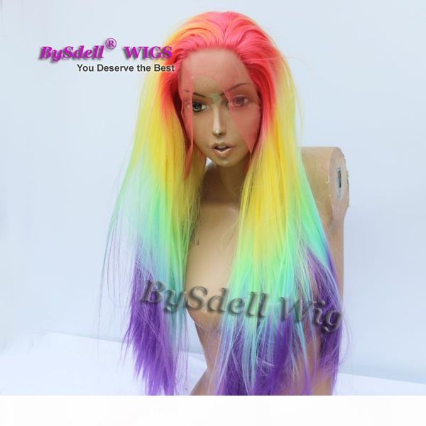 

five tone rainbow color ombre hair wig synthetic long silky straight mermaid unicorn hair lace front wig woman cosplay party wigs, Black