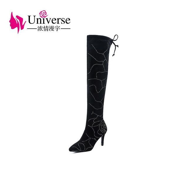 

boots women winter flock over-the-knee fashion thin heels universe black slip-on long 8.5cm/3.35" heel shoes handmade h353