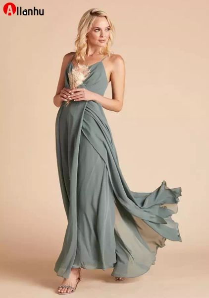 NEU! Flowy Chiffon Brautjungfer Kleid Spaghetti Riemen Taschen Mid of Ehren Kleid Bodenlangen Hochzeit Guest Gowns Gowns