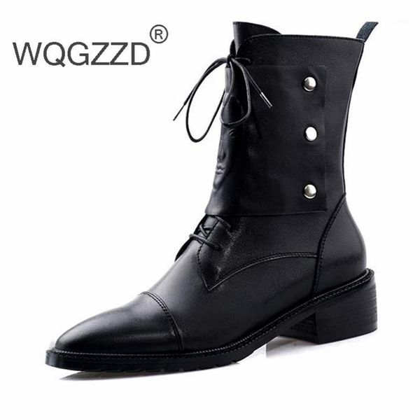 

boots 2021 motorcycle women's winter shoes genuine leather lace up med heels metal ankle zapatos mujer1, Black