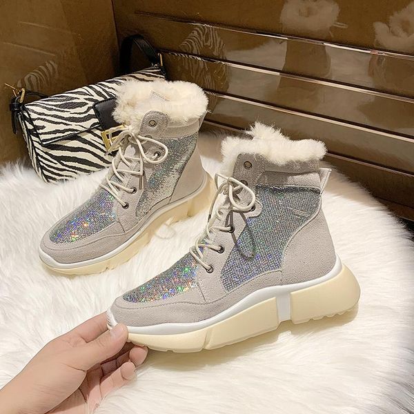 

boots 2021 winter snow woman shoes women ankle boot fashion plus size flat booties sequin ladies cotton botas feminina, Black