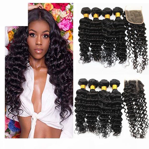 

deep wave brazilian hair bundles with closure peruvian 100% virgin human hair extensions with 4x4 lace closure natural color 8-28inch, Black;brown
