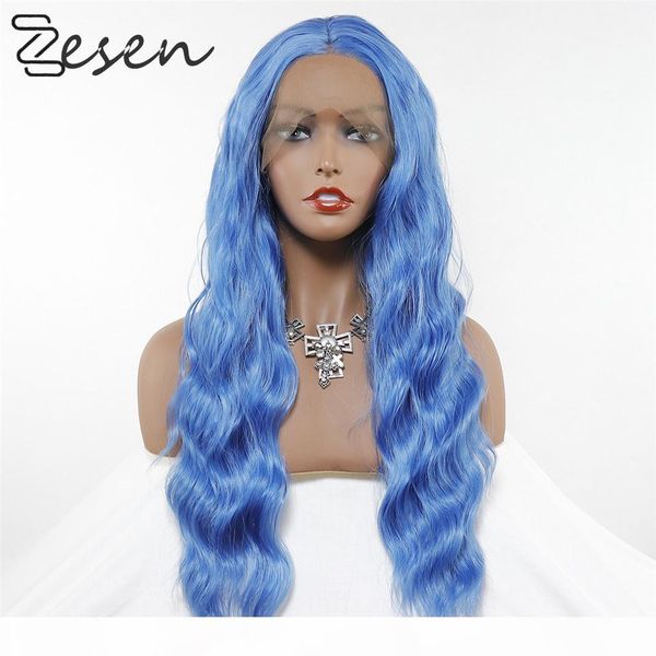 

zesen long lace front wig water wave soft natural density synthetic hair for women heat resistant fiber cosplay party wigs, Black