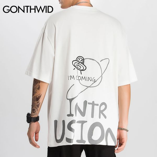 

ufo intrusion print short sleeve t shirts streetwear hip hop harajuku casual men summer fashion tees kg-87, White;black