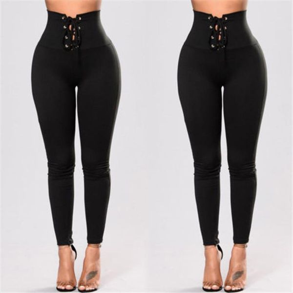 

women high waist lace up bandage leggings fitness leggings stretch fashion trousers drop shipping, Black