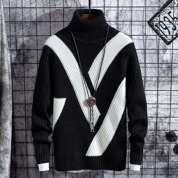 

winter thick warm sweaters men turtleneck casual patchwork new mens christmas sweater loose pullover male knitwear brand clothes1, White;black