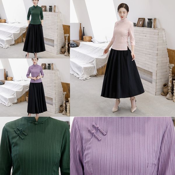 

2020 autumn new cheongsam improved version of middle-aged female mother daily thin skirt skirtcheongsam suit skirt young two piece suit dres, Black;gray