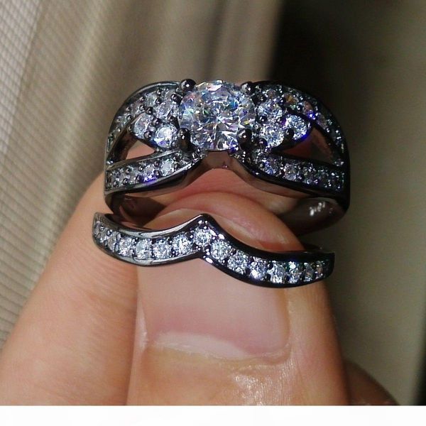 

K Size 5 -10 Hot Sale Luxury Engagement Jewelry 10kt Black Gold Filled White Topaz Cz Gem Women Simulated Diamond Wedding Ring Set Gift, Silver