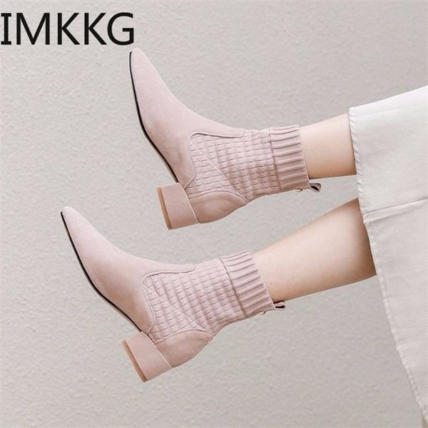 

black pink woman boots ankle short boots flock pointed toe square heels winter booties woman 2019 slip on women martin boots 1026