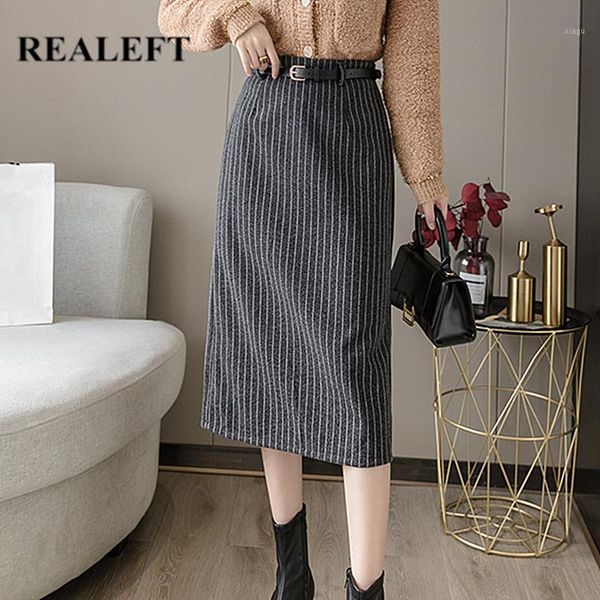 

realeft 2020 new stripe women a-line skirt fashion work wear autumn winter high waist lady woolen midi skirts female ssk0851, Black