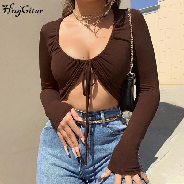 

hugcitar 2020 long sleeve wrapped bandage crop autumn winter women fashion streetwear outfits tshirts club tees1, White