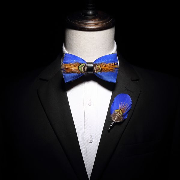 

kamberft design handmade feather bow tie brooch wooden box set men's bowtie leather tie for wedding party banquet 201028, Blue;purple