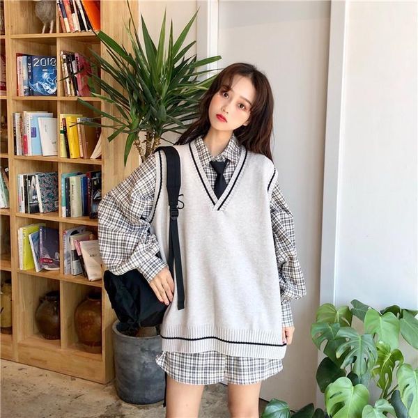 

women knitted sweater vest 2021 korean preppy style vintage letter embroidery casual loose v neck sleeveless pullover t358, White;black