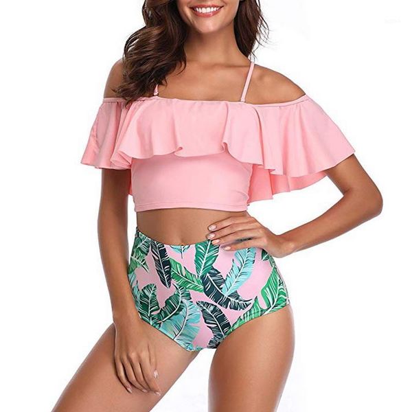 

vertvie 2019 high waist swimsuit women bikini set ruffle vintage striped bathing suit floral halter female straps swimwear1, White;black