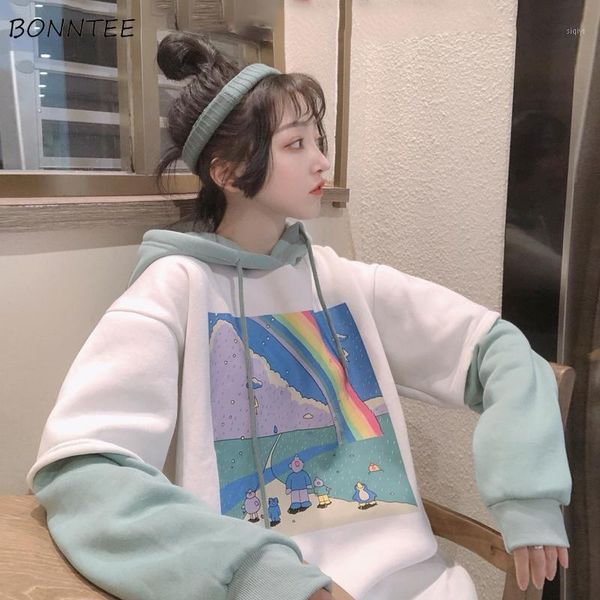 

hoodies women printed patchwork hoody simple thicker all-match loose simple korean style bf drawstring womens streetwear hoodie1, Black