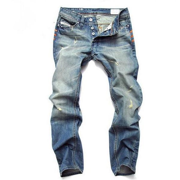 

men's jeans light blue men straight denim trousers 28-42 cotton logo brand orange button mens