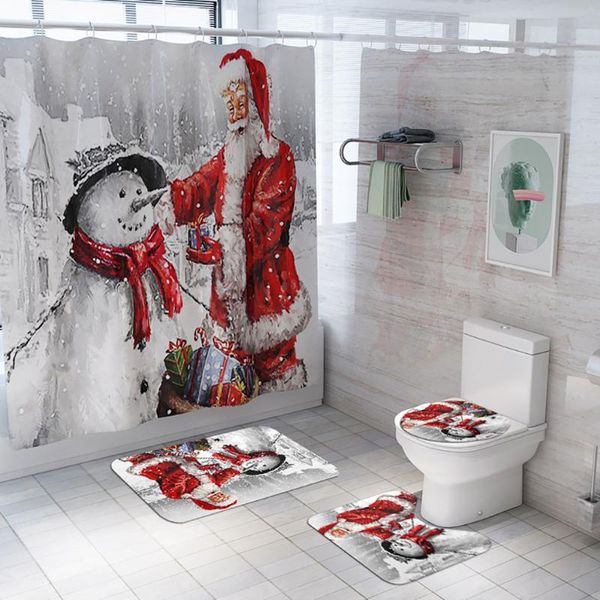 

2020 merry christmas 4pcs bathroom curtain set santa claus waterproof shower curtain toilet cover mat non slip rug home decor #4