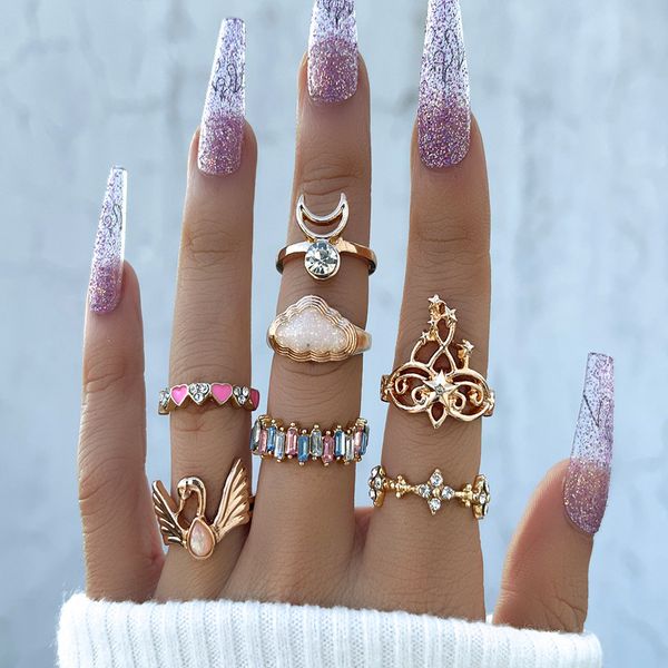 S2766 Fashion Jewelry Knuckle Ring Set White Cloud Swan Moon iIlaid Strass Charms Love Glaze Combination Stacking Rings Midi Rings Sets 7pcs/set