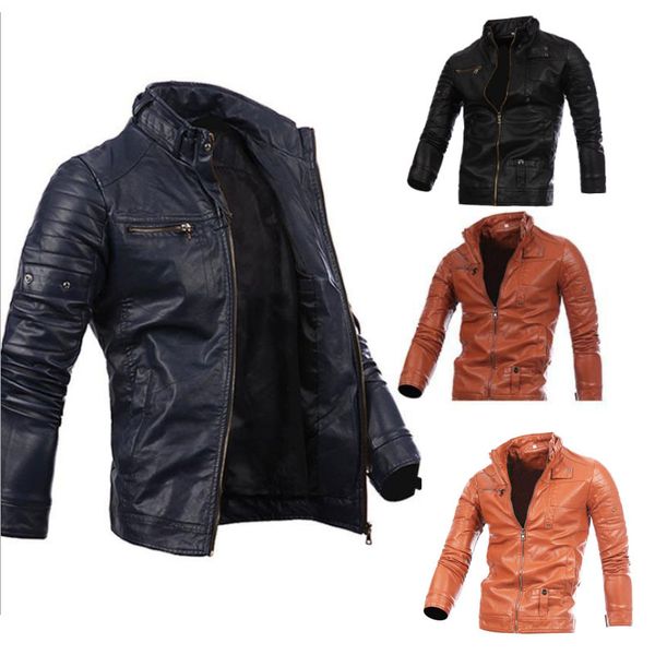 

повседневная куртка british wind с длинным рукавом стенда воротник тонкий pu zip из мужских кожаных курток, Black