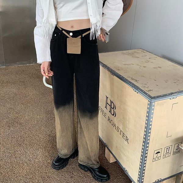 

lucyever tie-dye color matching gradient denim trousers women casual loose straight jeans mujer button pockets mid pants female, Blue