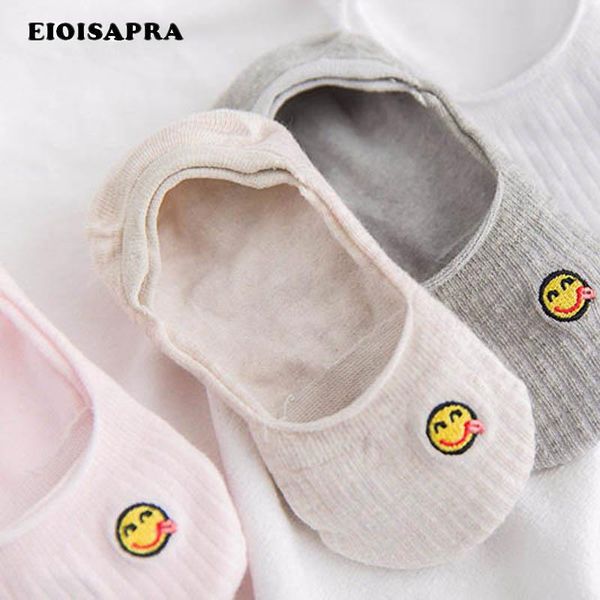 

[wploikjd]new product cotton breathable antiskid casual women ship socks shallow mouth embroidery smiling face women socks, Black;white