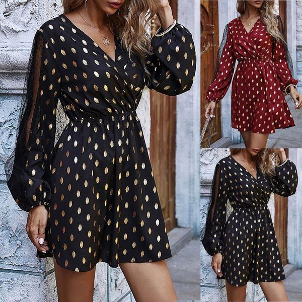 

40# women's winter dresses v-neck printed long sleeve girdling casual fashion dresses women polka dot vestido de mujer, Black;gray
