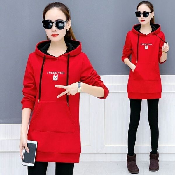 

7n8tk autumn clothing winter new women's korean pullover style thickened mid-length sweatercoat sweatercoat fleece hooded and sweater f, Black