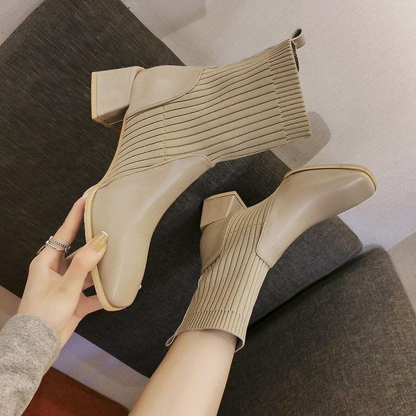 

boots autumn elegant knitting women's square heel ankle for women high heels toe pu tube fashion short ladies, Black