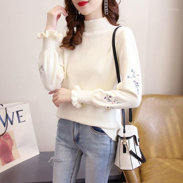 

new embroidered sweater women's pullover short student bottoming shirt loose korean long sleeve sweater fashion1, White;black