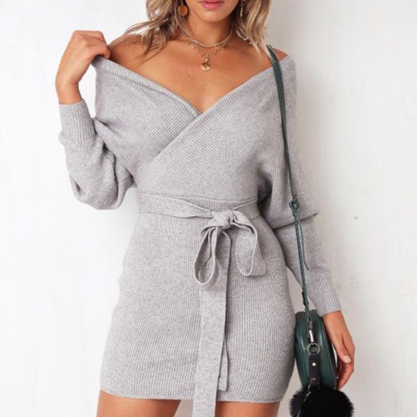 

40# women v neck knitted dress winter sweater dress with belted backless knitwear mini bodycon vestido de mujer1, Black;gray