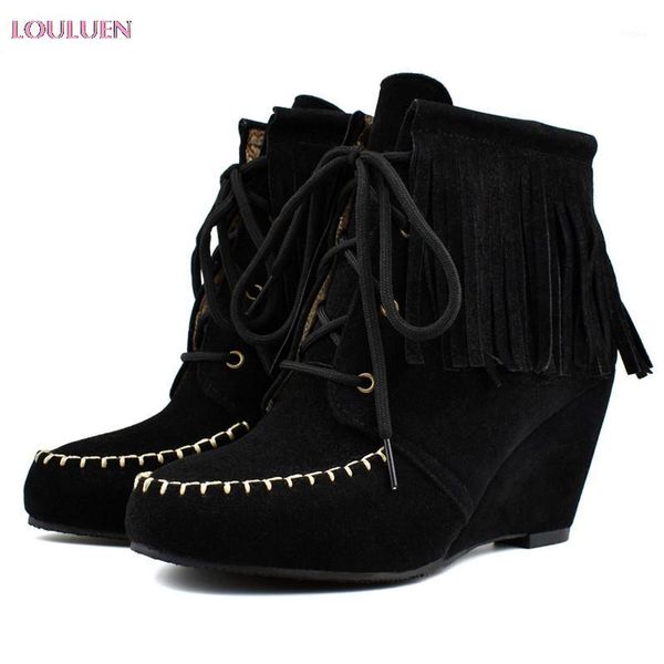 

louluen 2020 women sandals roman wedges short boots large size fringed csual shoes lace-up ankle booties plus size 43 #12261, Black