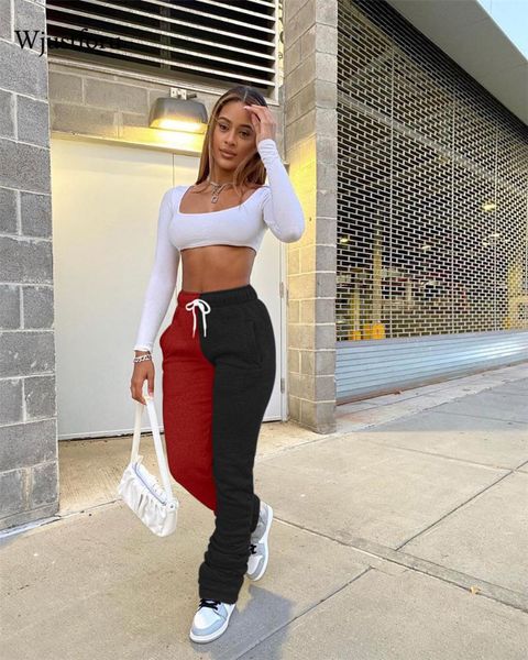 

women's pants & capris wjustforu stacked leggings joggers sweatpants women streetwear casual high waist bandage patchwork trousers fall, Black;white