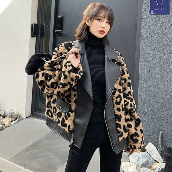 

2021 new mulheres leopardo falso pele cordeiro jaquetas de couro feminino inverno fofo motocicleta jaqueta ji0y, Black