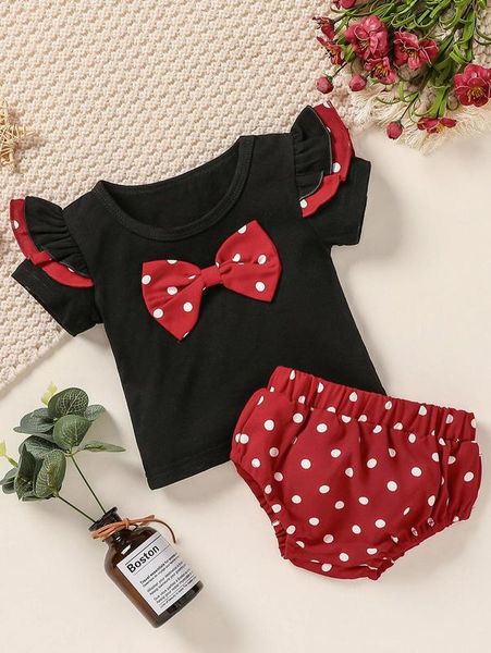 

baby polka dot bow front ruffle trim tee & shorts she, White