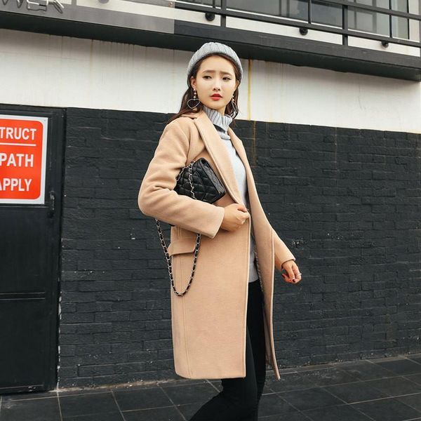 

2020 new autumn winter fashion women slim woolen coats casual ladies single breasted long wool blend jacket casaco j40, Black