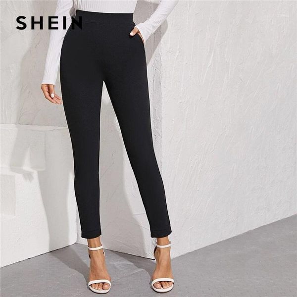 

shein solid elastic waist pocket side split hem elegant pants women bottoms autumn high waist office ladies skinny trousers1, Black;white