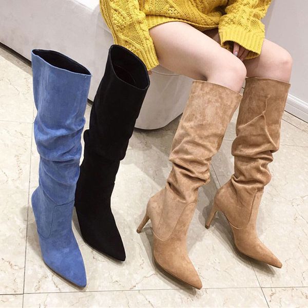 

boots size 35-41 fashion flocks leather ins women knee high heel female riding botas winter shoes woman pointed toe pleated boot, Black