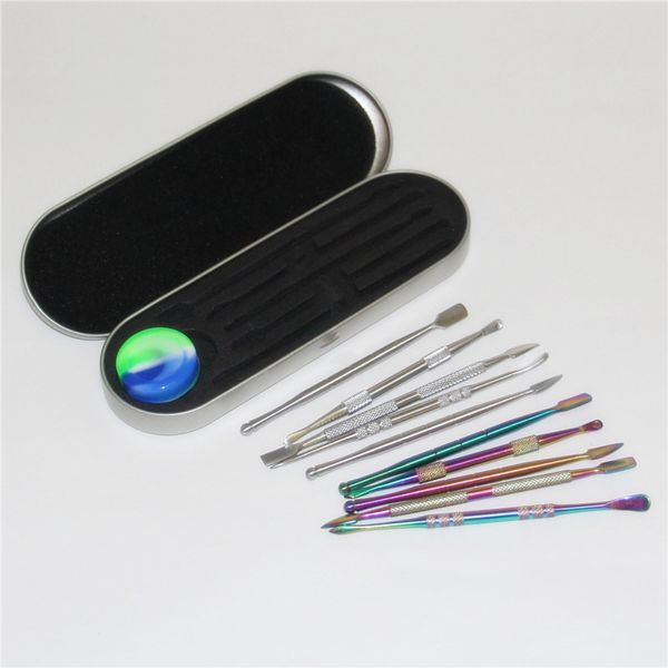 Strumenti per tamponare Titanium Dry Herb Dab Tool set con contenitore per tamponare in cera siliconica custodia con cerniera arcobaleno 5 stili Dab Tool