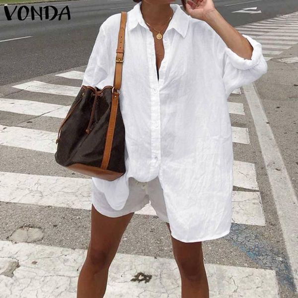 

2020 fashion shirts vonda women casual loose long sleeve lapel button shirts blouses solid color blusas femininas plus size1, White